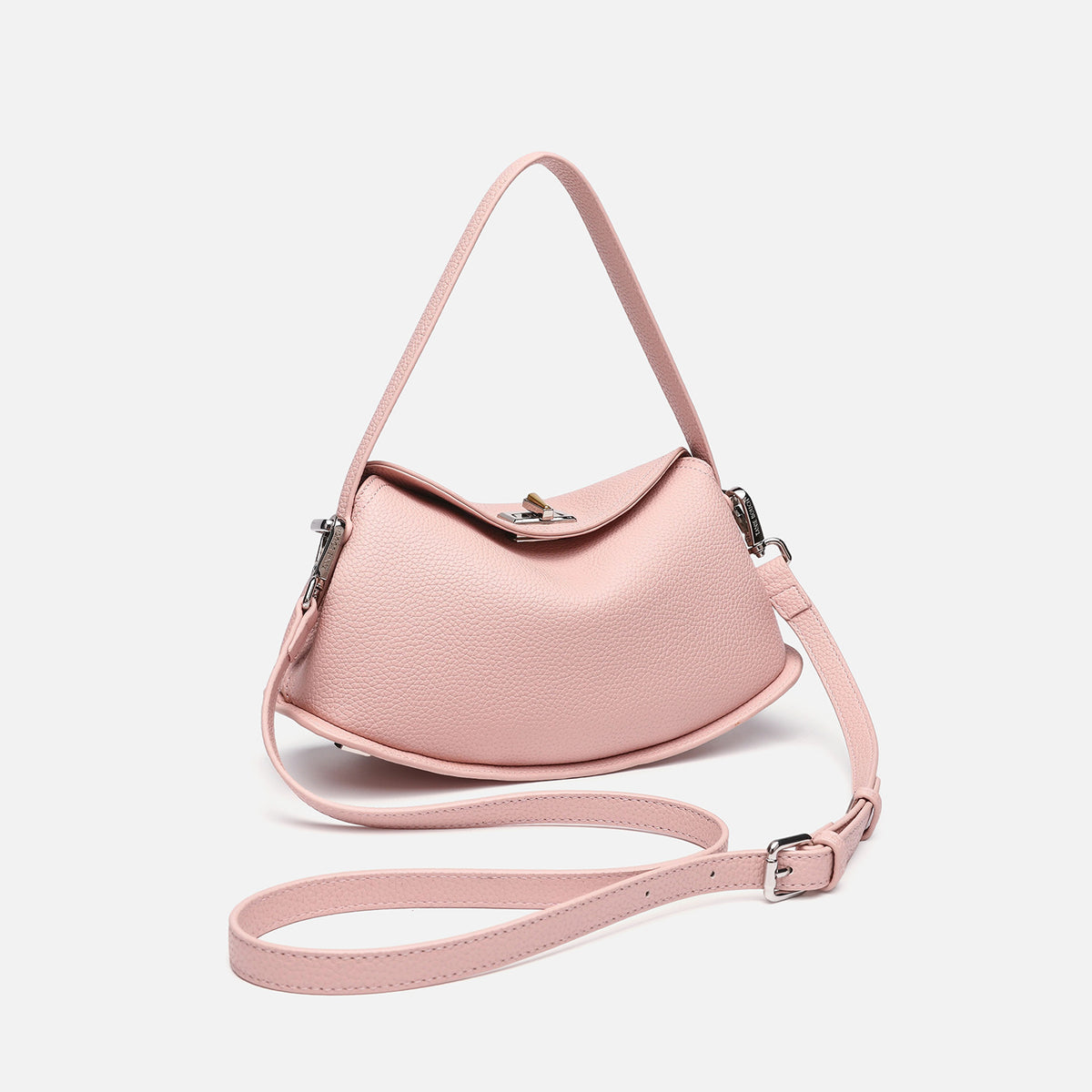 Pebbled leather-look half-moon saddle bag with turn-lock flap closure, top handle, and detachable crossbody strap, detail