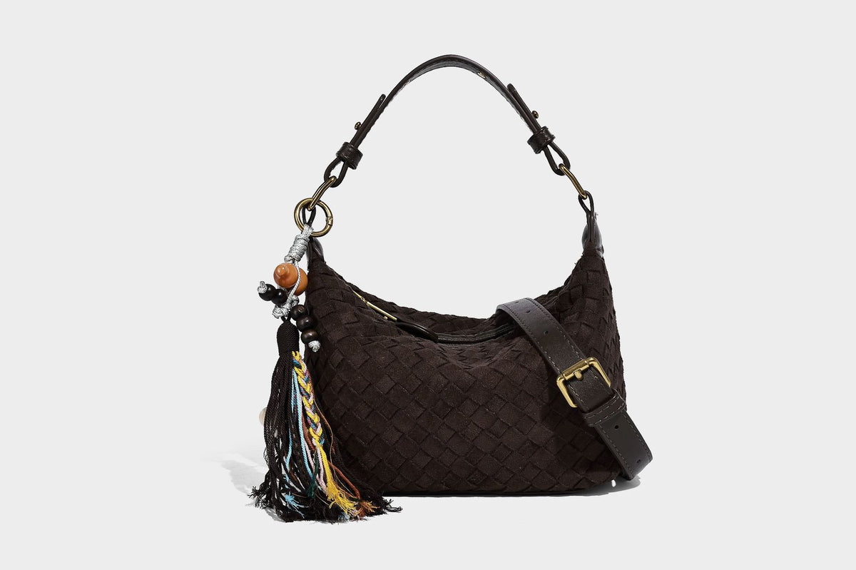 Small woven-texture crescent hobo bag in dark chocolate brown with top zip closure, gold-tone hardware, and adjustable
