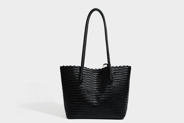 Large open-top woven leather-look tote bag in dark brown with scalloped edge, braided double shoulder straps, and decorative