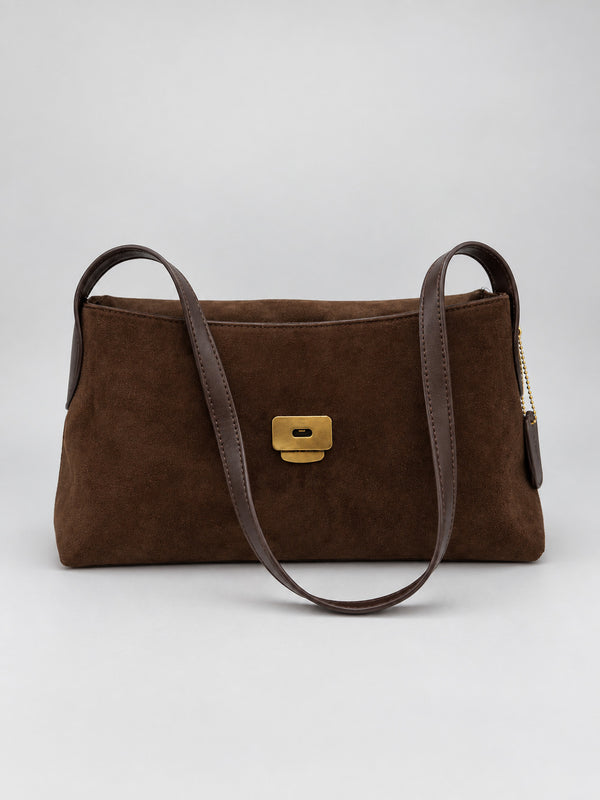 Rectangular matte suede-finish flap shoulder bag with slim dark strap and gold-tone turn-lock hardware, detail view 20