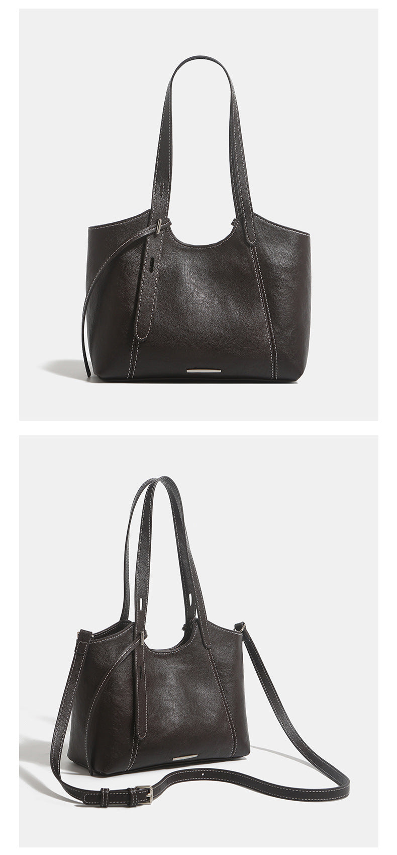 Structured leather-look tote shoulder bag with double crossed straps, contrast topstitching, and metal bar hardware, detail