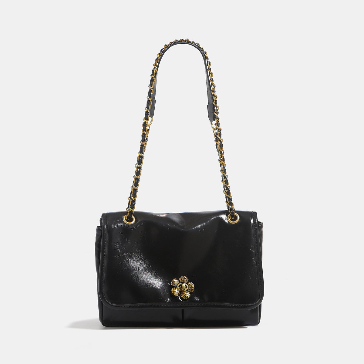 Structured glossy flap shoulder bag with antique gold floral turn-lock clasp and chain-and-leather strap, detail view 7