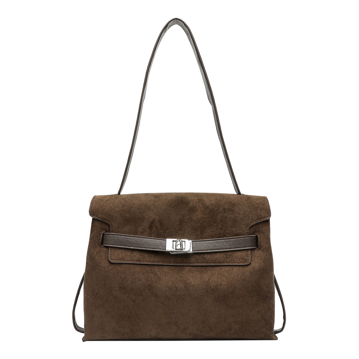 Schultertasche mit Überschlag in Kaffeebraun mit Velourslederoptik, silberfarbenem Drehverschluss und dunkler Kantenverarbeitung in Lederoptik, Detailansicht 5