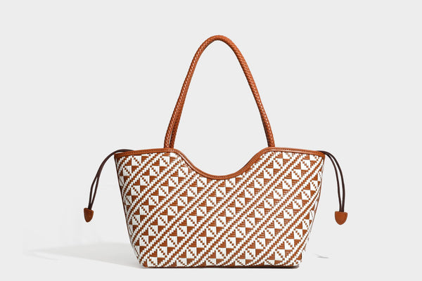 Woven geometric two-tone tote bag with braided shoulder straps and leather-look trim, detail view 29