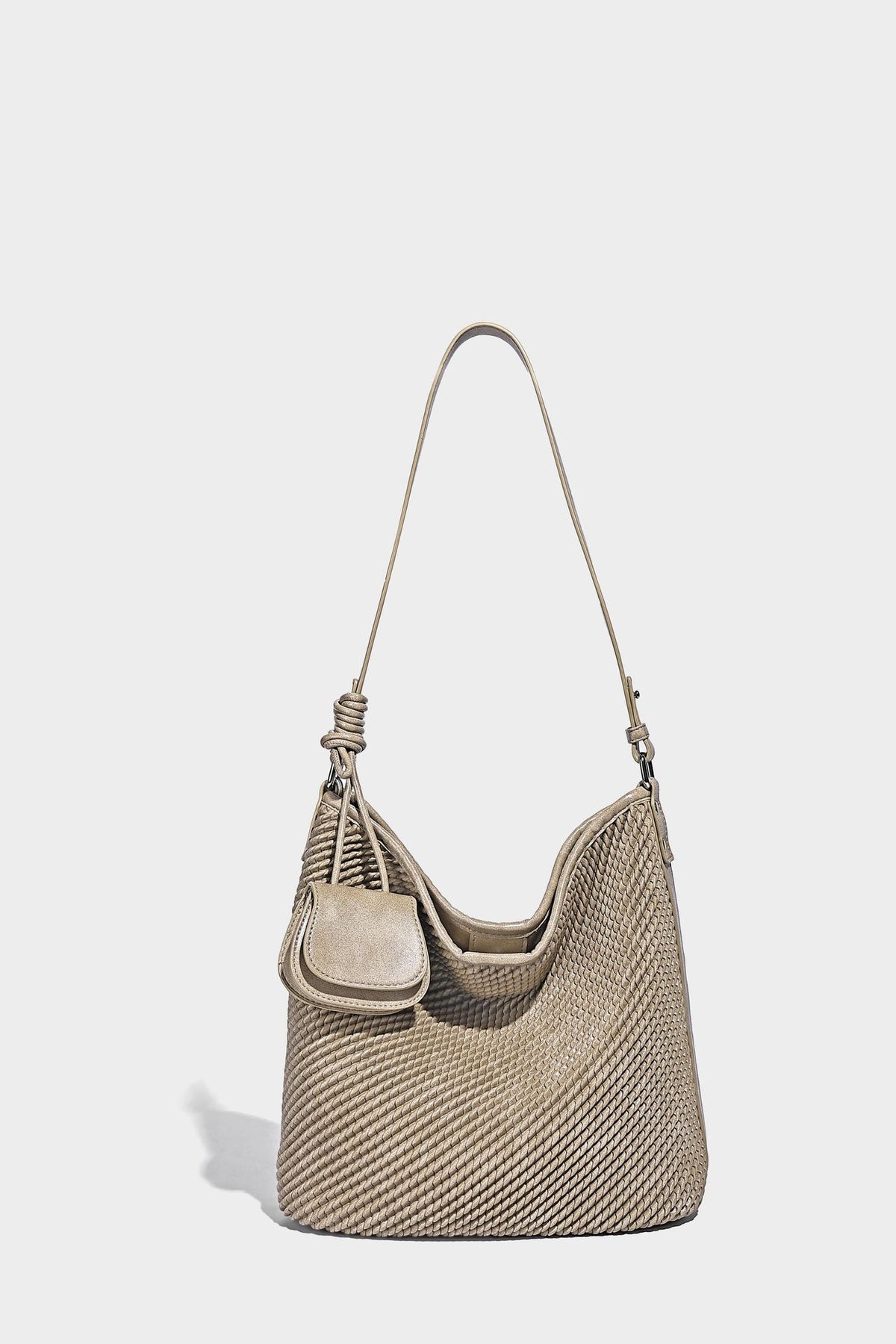 Große, weich fallende Hobo-Schultertasche mit Webstruktur in Braun, mit Mini-Tasche mit Überschlag und schmalem Knotenträger, Detailansicht 12