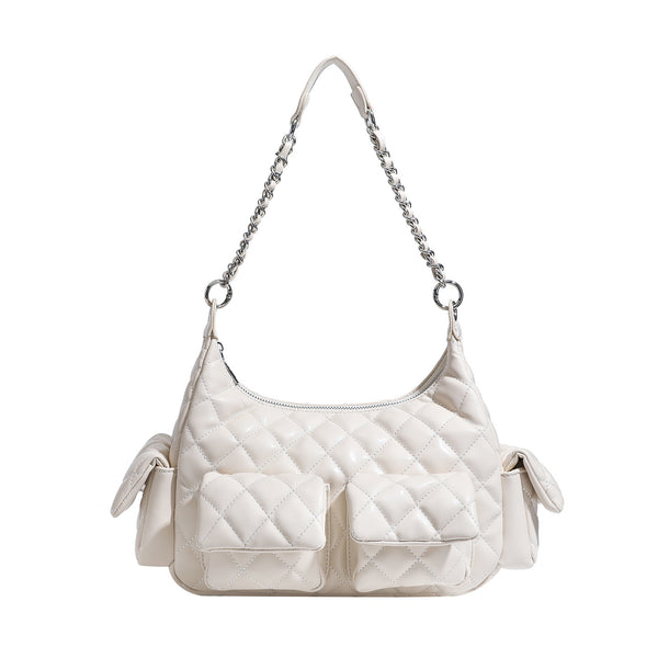 Off-white quilted leather-look hobo shoulder bag with diamond stitching, chain-and-strap handle, two front flap pockets