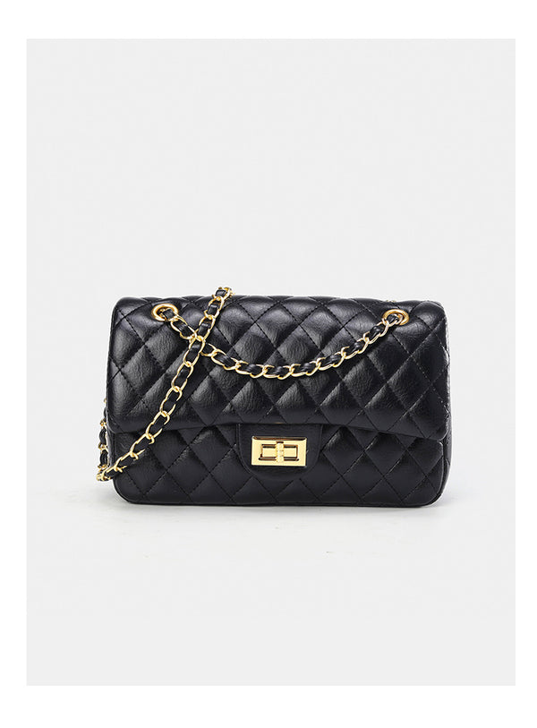 Gesteppte Crossbody-Tasche mit Rautenmuster, Überschlag, goldfarbenem Kettenriemen und Drehverschluss, Detailansicht 15