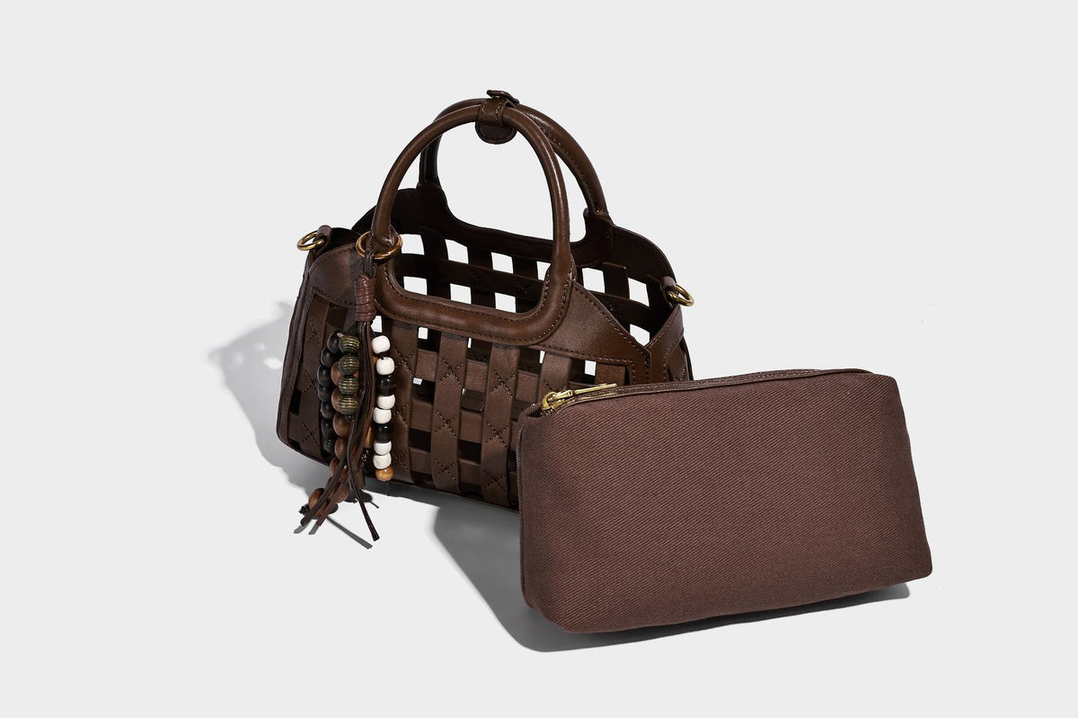 Small structured woven lattice top-handle satchel bag with bead-and-tassel charm and gold-tone hardware, detail view 28