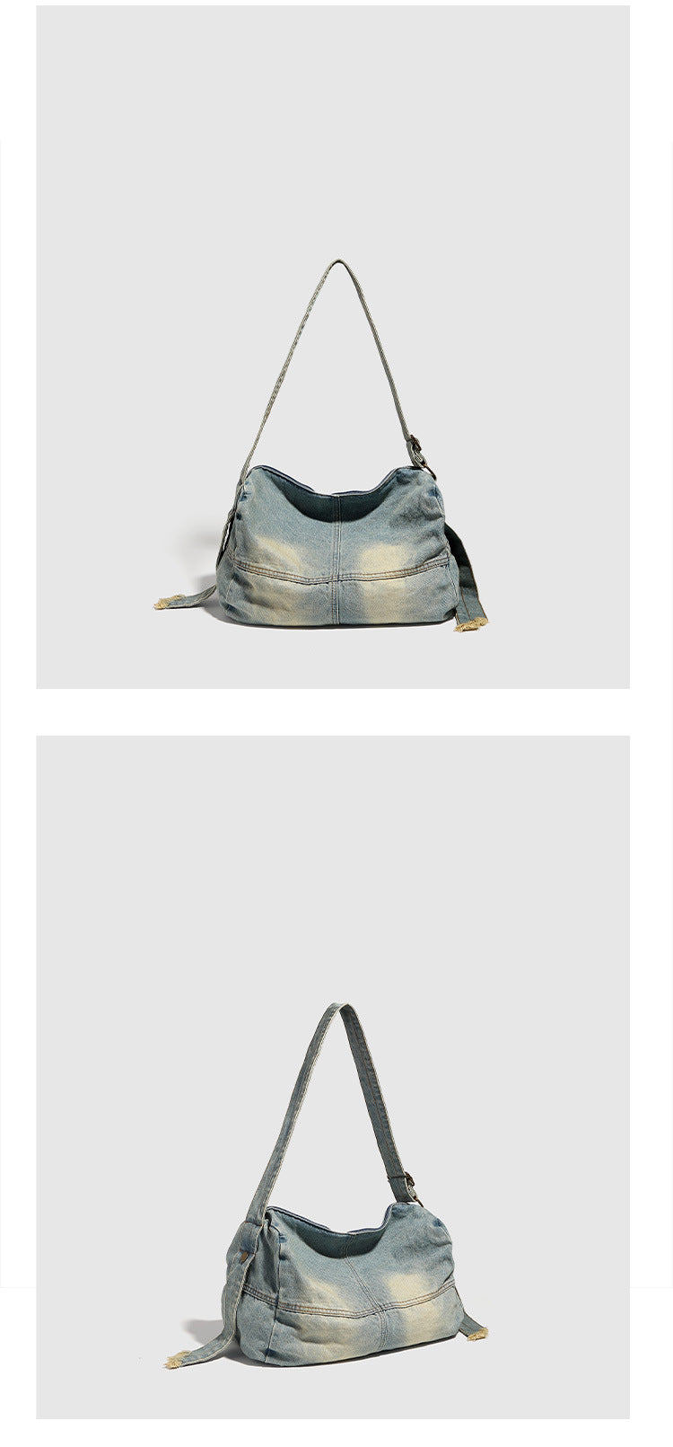 Lässige Schultertasche aus verwaschenem Denim mit ausgebleichtem Used-Look, Reißverschluss oben und verstellbarem Riemen in Antik-Messingoptik