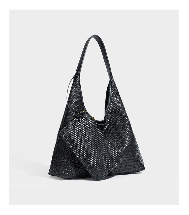 Slouchy woven leather-look hobo tote bag in brown with detachable zip pouch and gold-tone hardware, detail view 23