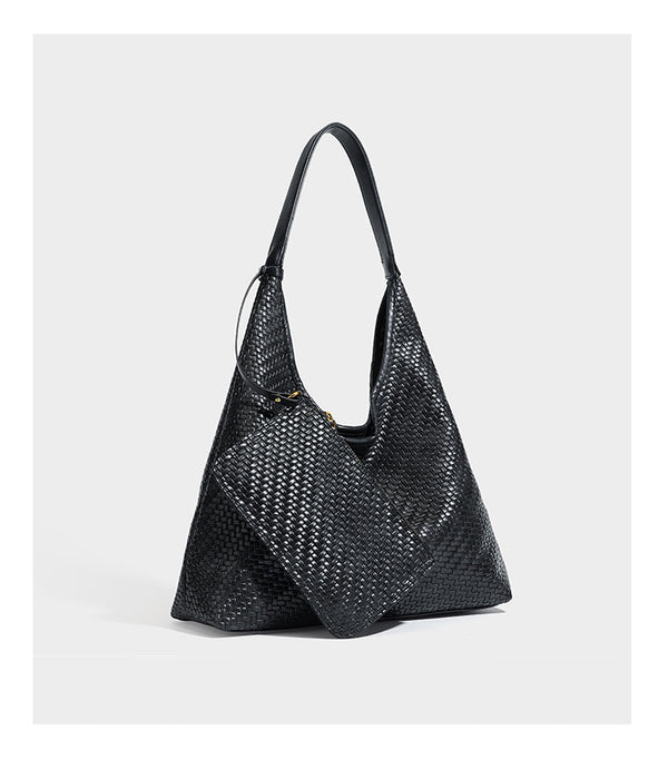 Slouchy woven leather-look hobo tote bag in brown with detachable zip pouch and gold-tone hardware, detail view 23