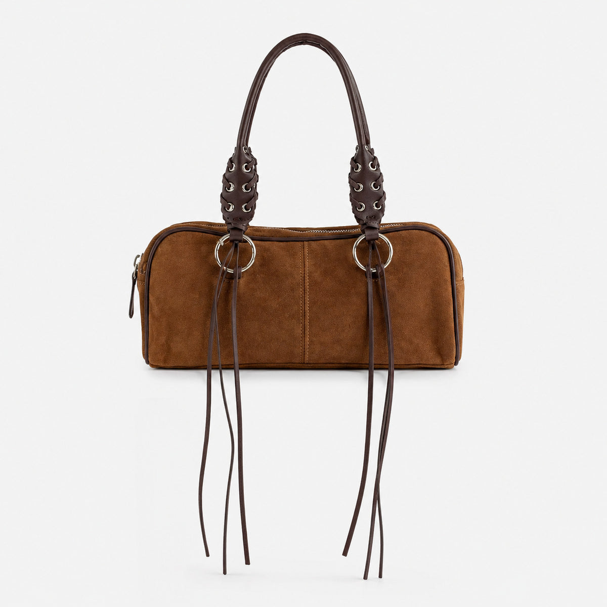 Rectangular suede-look barrel bag with laced eyelet handles, silver O-ring hardware, and hanging leather-look fringe tie