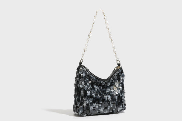 Small crescent sequin shoulder bag with pearl beaded strap and zip closure, detail view 34