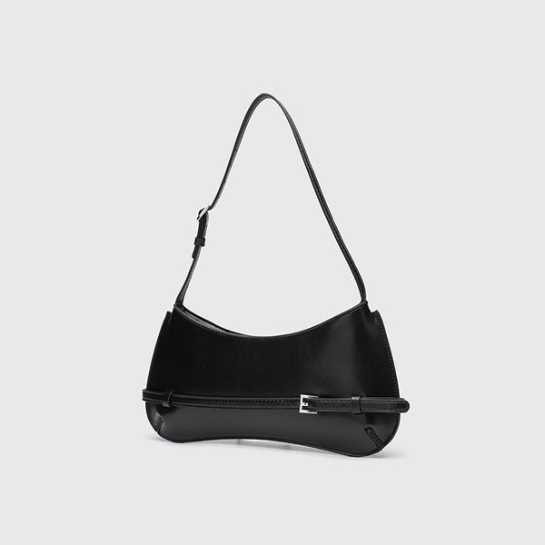 Curved baguette shoulder bag with front buckle strap and adjustable thin strap in glossy leather-look finish, detail view 2