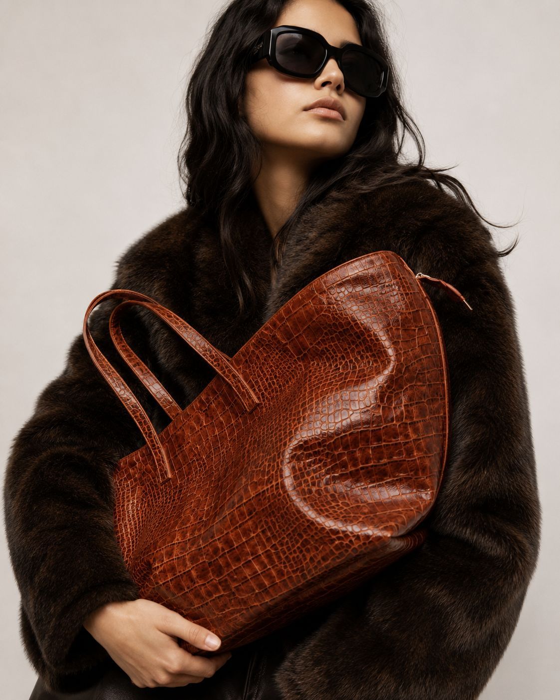 Oversized glossy crocodile-embossed tote bag with long double shoulder straps, detail view 11