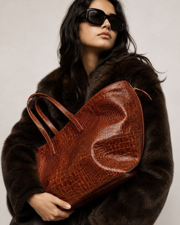 Oversized glossy crocodile-embossed tote bag with long double shoulder straps, detail view 11