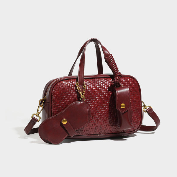 Strukturierte, rechteckige Satchel-Bag mit geflochtenem Frontpanel in Lederoptik, goldfarbenen Beschlägen, zwei Tragegriffen und abnehmbarem