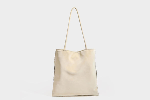 Soft rectangular sequin tote bag with colorblock metallic panels and long slim shoulder straps, detail view 28