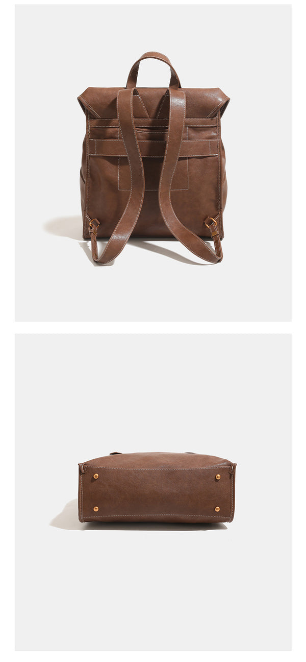 Structured leather-look flap backpack handbag with top handle, buckle front straps, white contrast stitching, and gold-tone