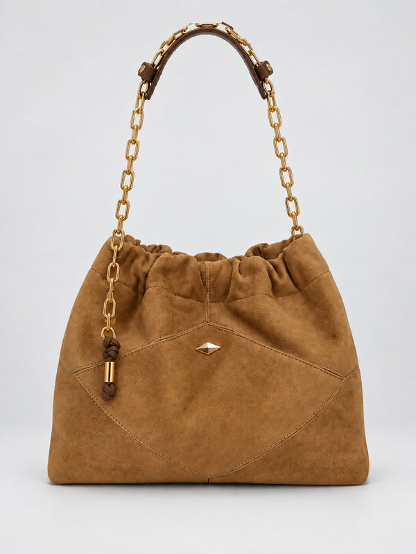 Slouchy suede-look shoulder bag with gathered top, angular stitched paneling, and chunky gold-tone chain strap, detail view 7