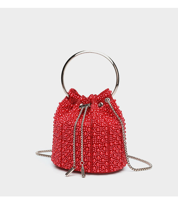 Small pearl-beaded drawstring bucket bag with silver-tone ring top handle and chain shoulder strap, detail view 20