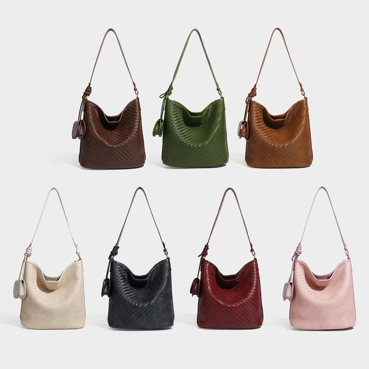 Woven-look slouchy hobo shoulder bag in brown with attached mini pouch and gold-tone hardware, detail view 2