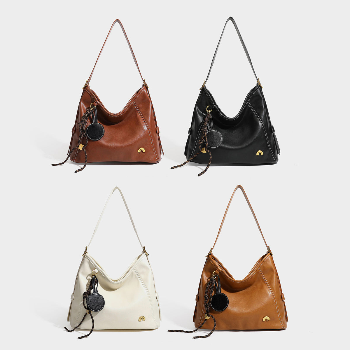Lässig geformte Hobo-Schultertasche aus glatter Lederoptik mit kontrastierenden Ziernähten, Beschlägen in Antikgoldoptik und, Detailansicht