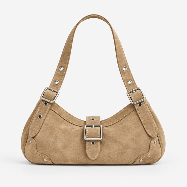 Geschwungene Hobo-Schultertasche in matter Velourslederoptik mit Riemen und Schnalle in Silberoptik, Ösen, Nieten und Reißverschluss, Detailansicht