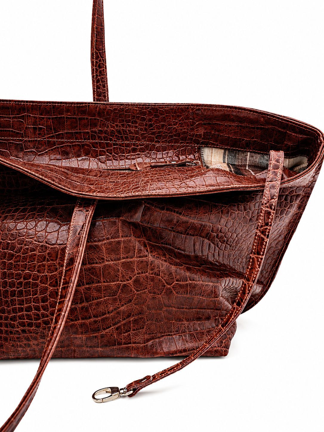 Oversized glossy crocodile-embossed tote bag with long double shoulder straps, detail view 24