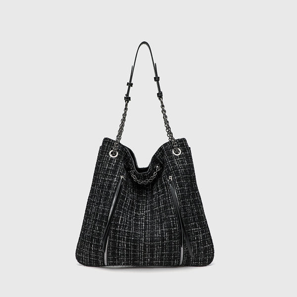 Große schwarze Schulter-Tote-Bag mit Tweedstruktur, silberfarbenem Kettenriemen und Trägern in Lederoptik, Metallösen und Außenreißverschluss