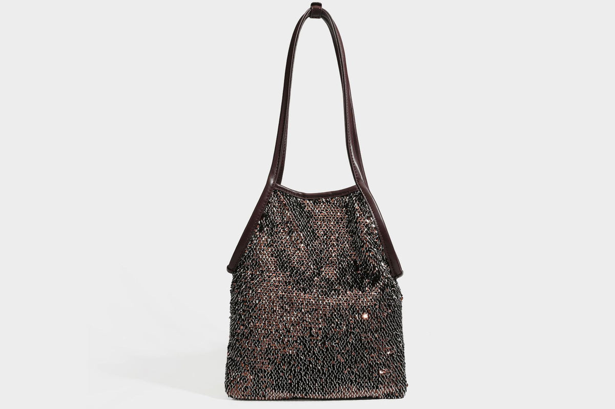 Kleine Schulter-Tote-Bag mit Pailletten, langem Metallic-Riemen und trapezförmiger Silhouette, Detailansicht 33