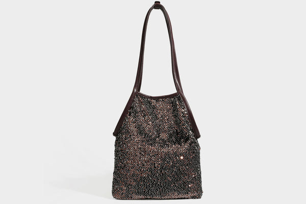 Kleine Schulter-Tote-Bag mit Pailletten, langem Metallic-Riemen und trapezförmiger Silhouette, Detailansicht 33