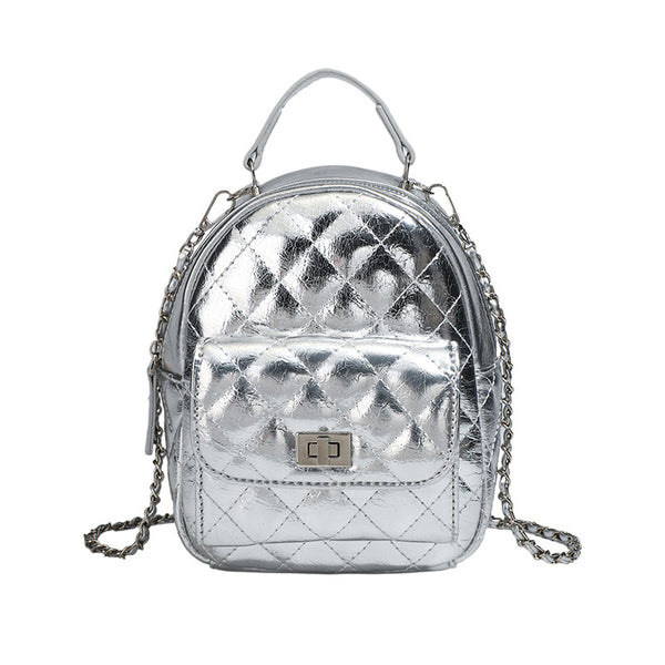 Quilted leather-look backpack purse with chain strap and turn-lock front pocket, detail view 5