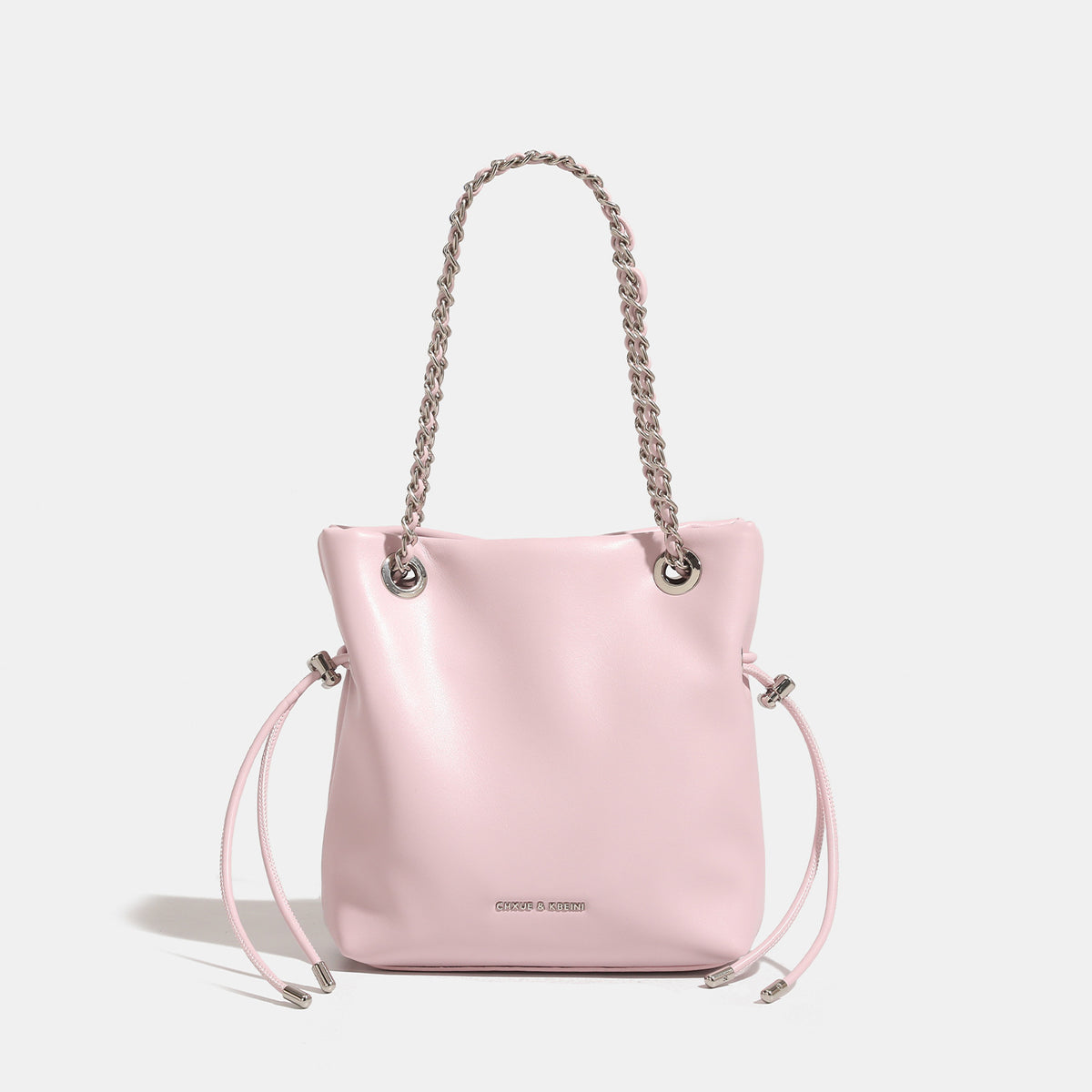 Glatte Bucket-Bag in Lederoptik mit Kettenhenkeln und seitlichen Kordelzügen, Detailansicht 8