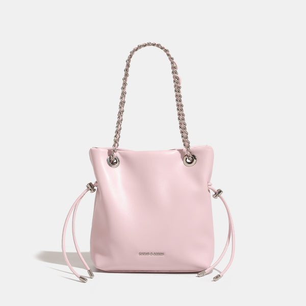 Glatte Bucket-Bag in Lederoptik mit Kettenhenkeln und seitlichen Kordelzügen, Detailansicht 8