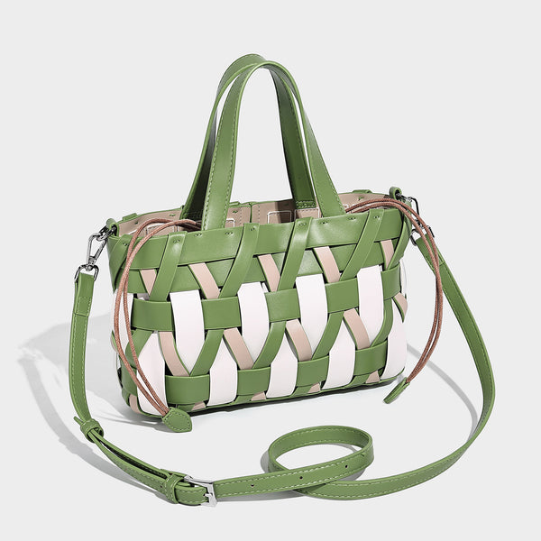 Small structured woven lattice tote bag with dual top handles and detachable shoulder strap in brown and cream leather-look