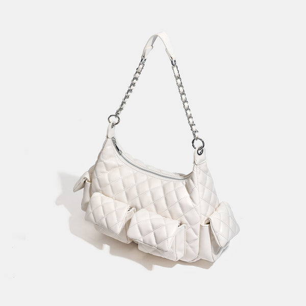 Off-white quilted leather-look hobo shoulder bag with diamond stitching, chain-and-strap handle, two front flap pockets