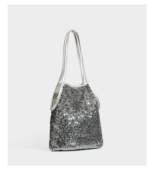 Kleine Schulter-Tote-Bag mit Pailletten, langem Metallic-Riemen und trapezförmiger Silhouette, Detailansicht 12