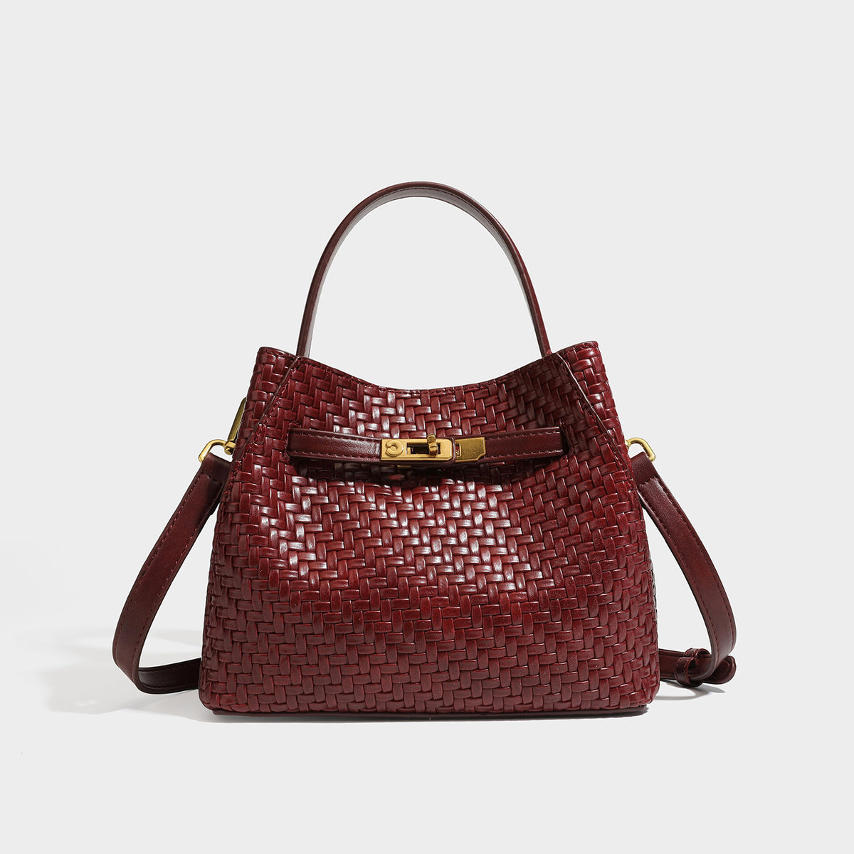 Structured woven leather-look bucket bag with gold-tone turn-lock hardware and detachable shoulder strap, detail view 7