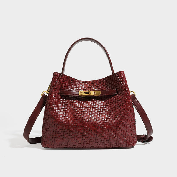 Structured woven leather-look bucket bag with gold-tone turn-lock hardware and detachable shoulder strap, detail view 7
