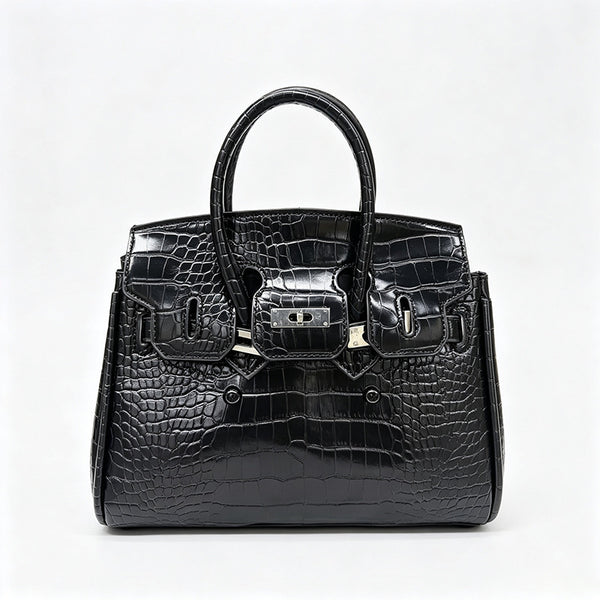 Croc-embossed structured trapezoid satchel with silver turn-lock hardware, rounded top handles, and detachable shoulder