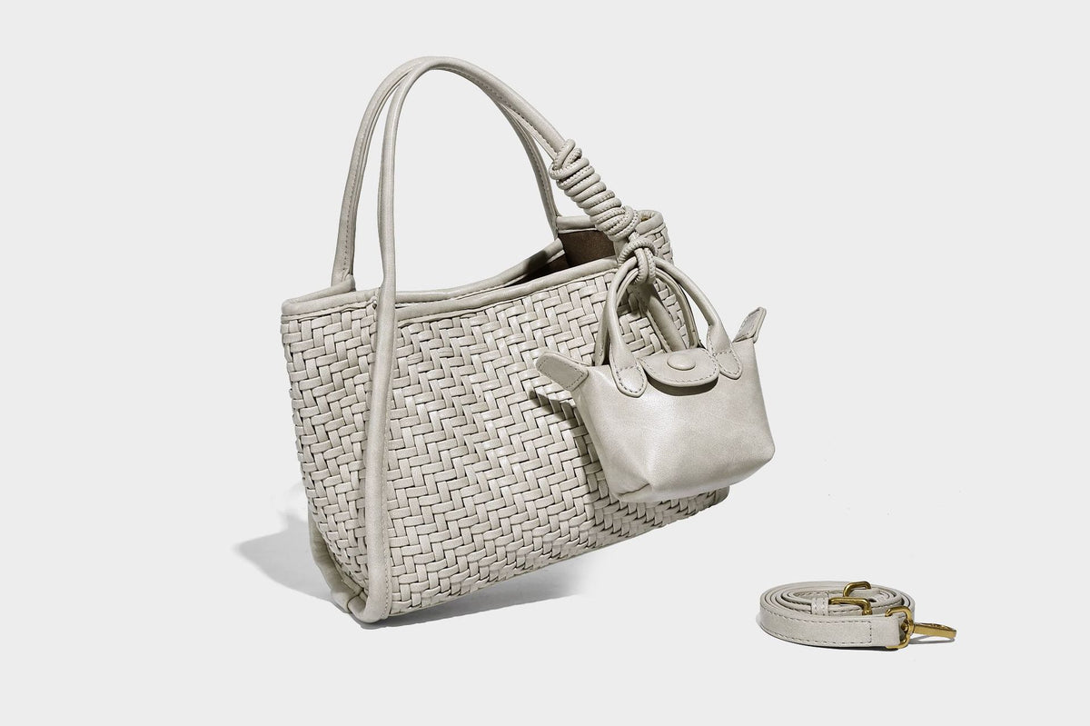 Woven texture open-top tote bag with smooth trim top handles and attached mini drawstring pouch in dark brown, detail view 29