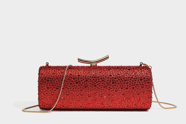 Structured rectangular hard-case clutch bag covered in all-over rhinestone crystal embellishment with curved kiss-lock top