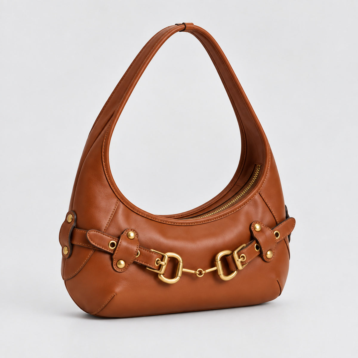 Matte suede-finish half-moon shoulder bag with gold horsebit bar hardware and dome studs, detail view 10