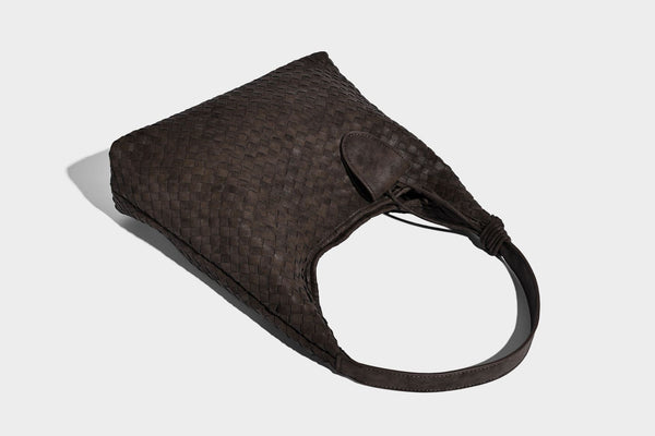 Slouchy woven hobo shoulder bag with knotted strap and matte leather-look textured finish, detail view 26