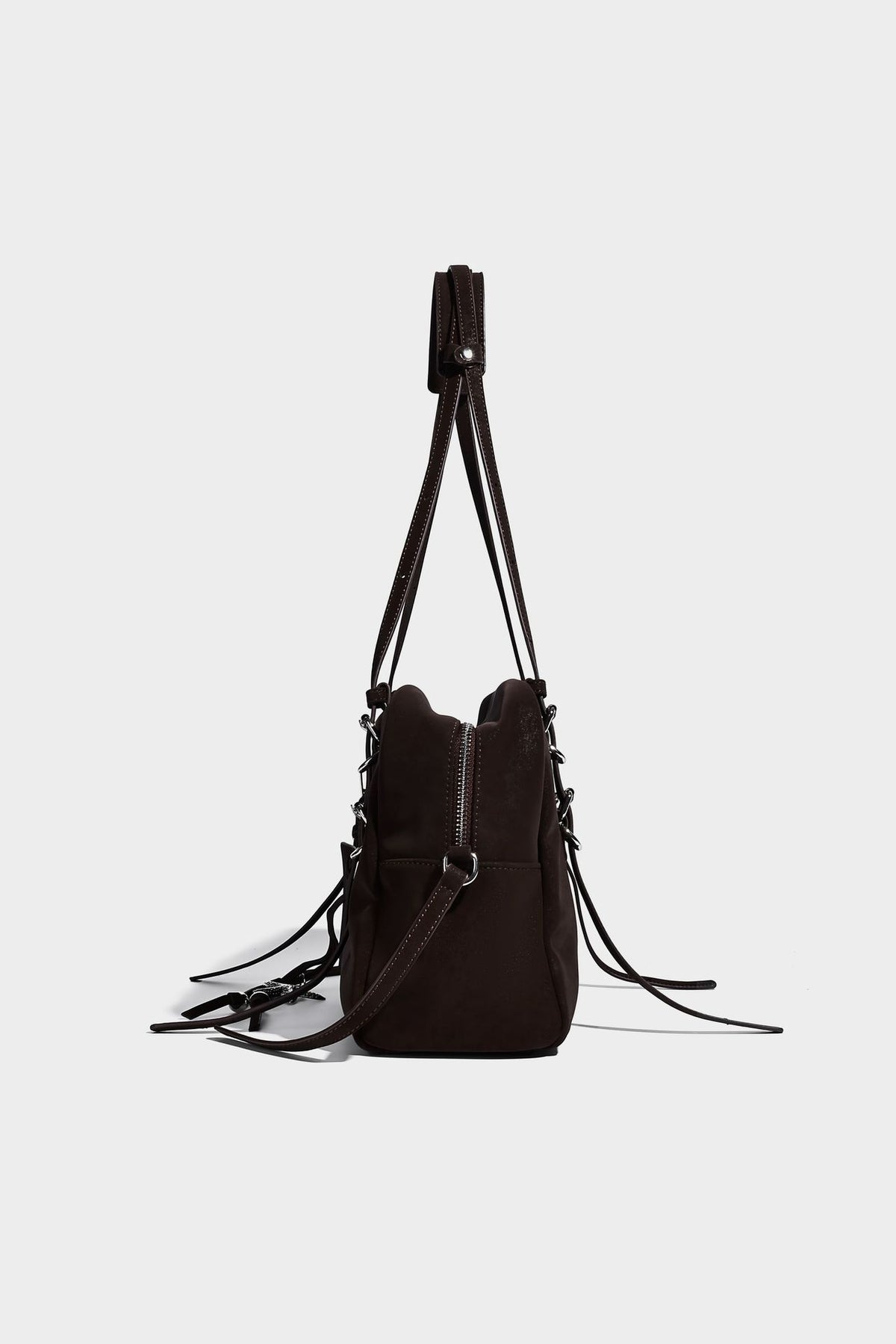 Structured rectangular matte suede-like shoulder bag with silver-tone hardware, zip closure, double top handles, and, detail