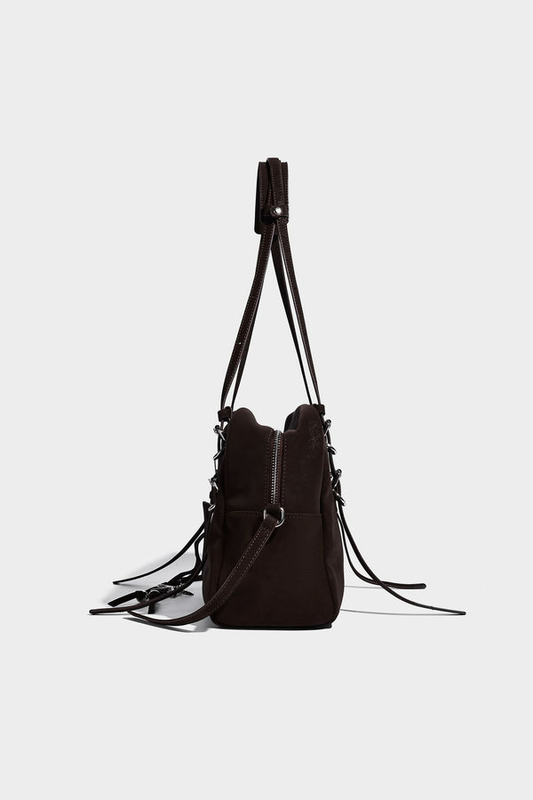 Structured rectangular matte suede-like shoulder bag with silver-tone hardware, zip closure, double top handles, and, detail