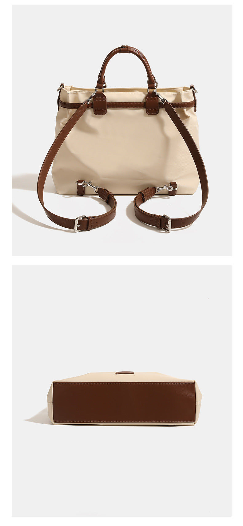 Strukturierte matte Tote-Bag mit Besatz in brauner Lederoptik, zwei Tragegriffen, Reißverschluss und abnehmbarem Schulterriemen, Detailansicht