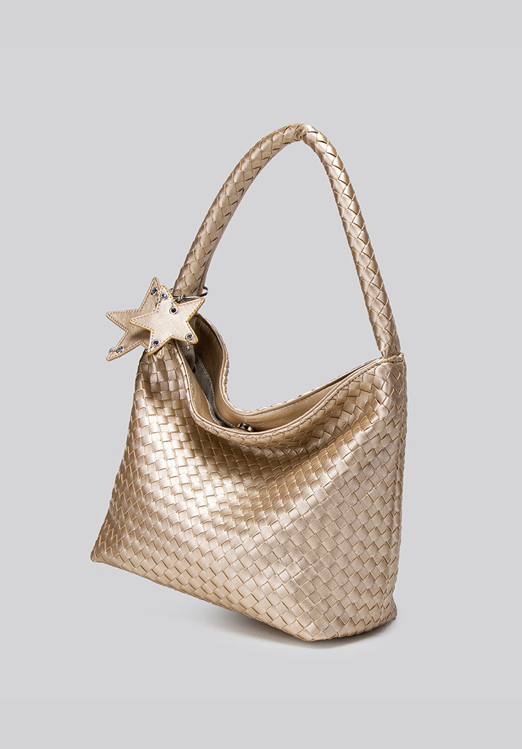 Large woven leather-look hobo shoulder bag with braided strap and star charm, detail view 12