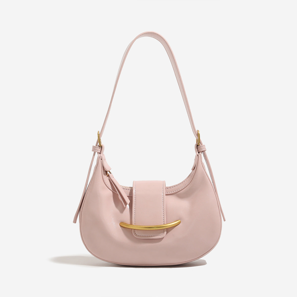 Compact crescent hobo shoulder bag with glossy synthetic finish, curved gold-tone front bar hardware, zip-top closure, and